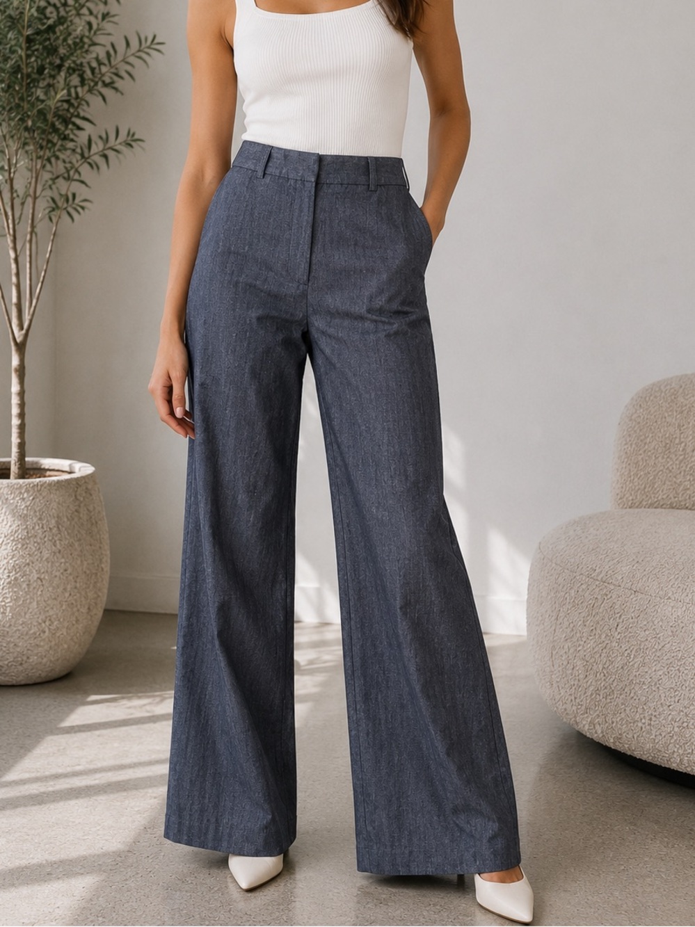 Dalia Chambray Wide Leg Trousers Linen Blend High Rise Career Pants Size 8